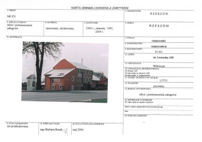 Karta adresowa gminnej ewidencji zabytk&oacute;w młyna rodziny Ungeheuer&oacute;w z 1930 roku przy ul. Lwowskiej 100, str. 1. Materiały Biura Miejskiego Konserwatora Zabytk&oacute;w UM Rzeszowa